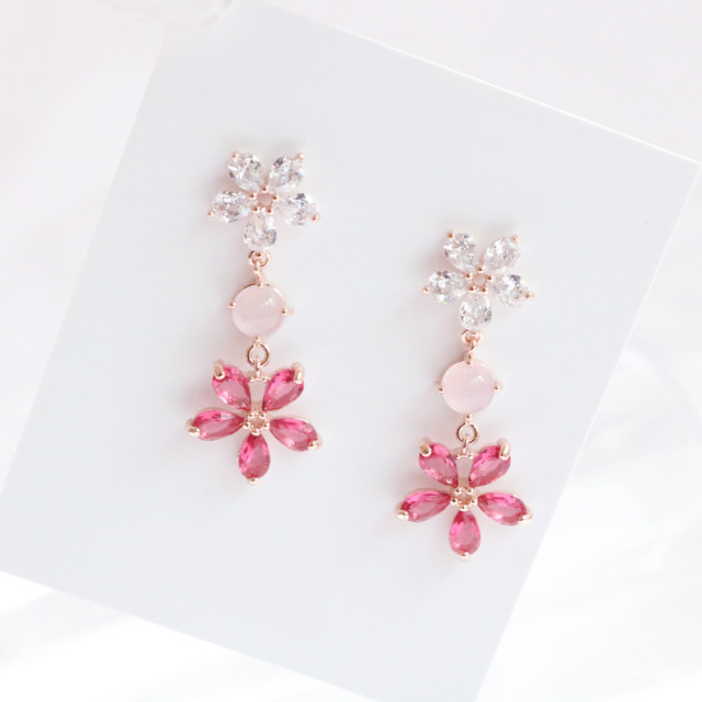 Flower Blossom String Dangle Silver Studs Earrings
