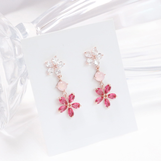 Flower Blossom String Dangle Silver Studs Earrings
