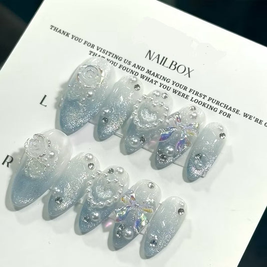 Handmade Ocean Summer Blue Glittering Press-on Nails
