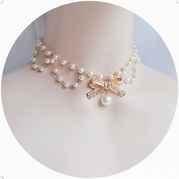 Handmade Fairy Double Layered Ribbon Pearl Drop Choker