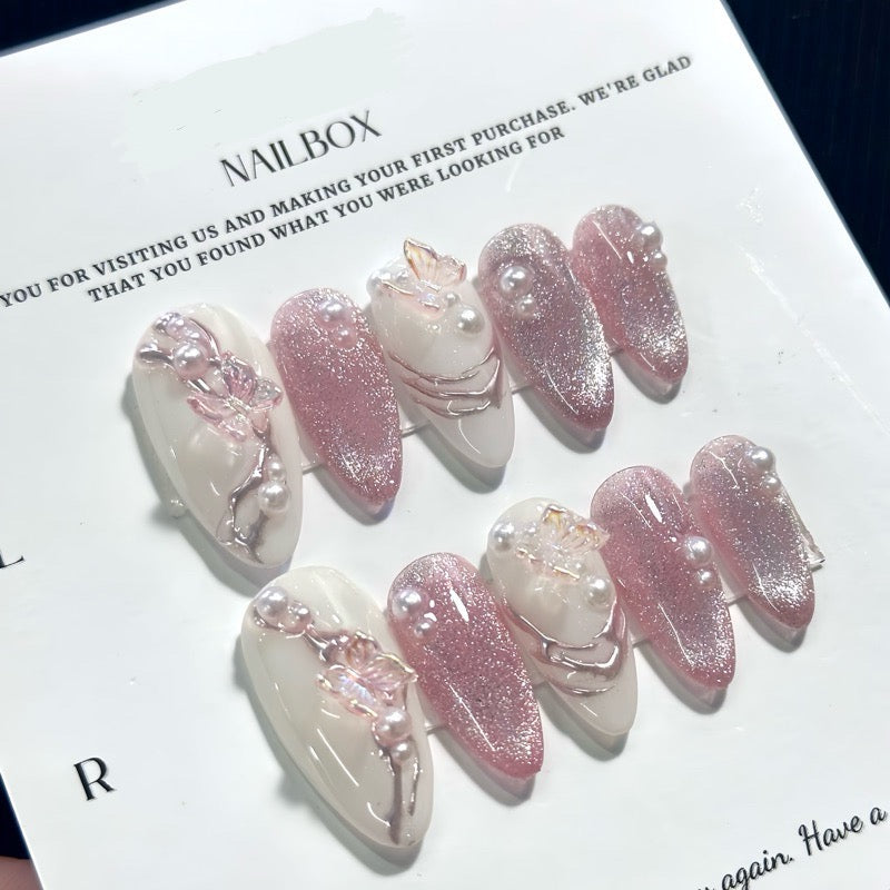Handmade Y2K Metalic Butterfly Charm Cat Eyes Effect Press-on Nails