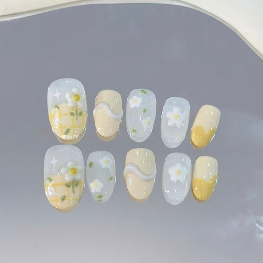 Daily Short Nails Daisy Garden Hand Draw Handmade Press-on Nails