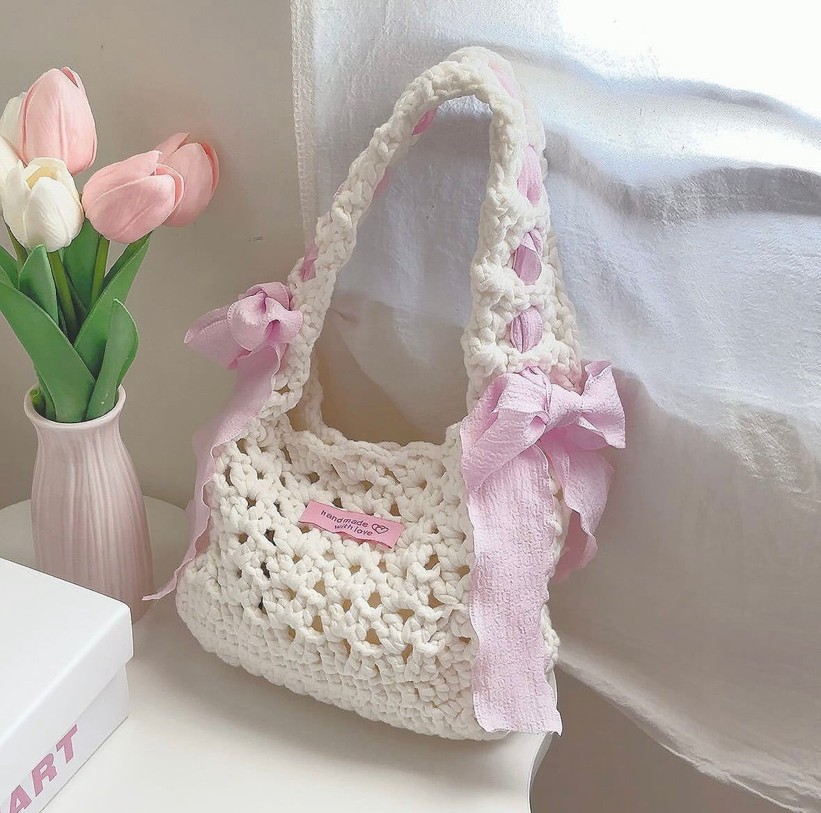 Crochet Handmade Coquette Ribbon Bag