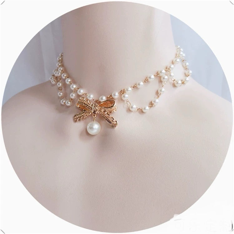 Handmade Fairy Double Layered Ribbon Pearl Drop Choker