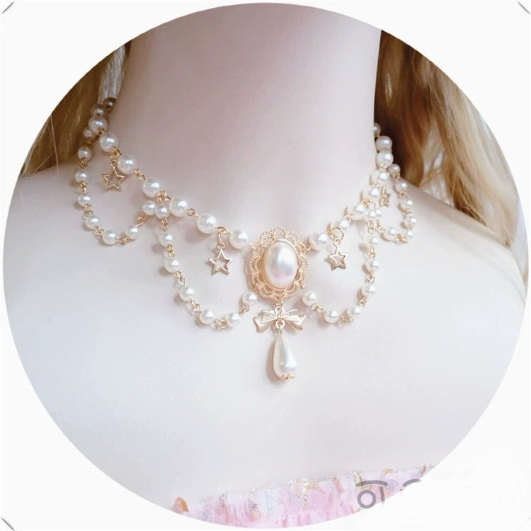 Vintage Cute Baroque Layered Ribbon Pearl Drop Choker