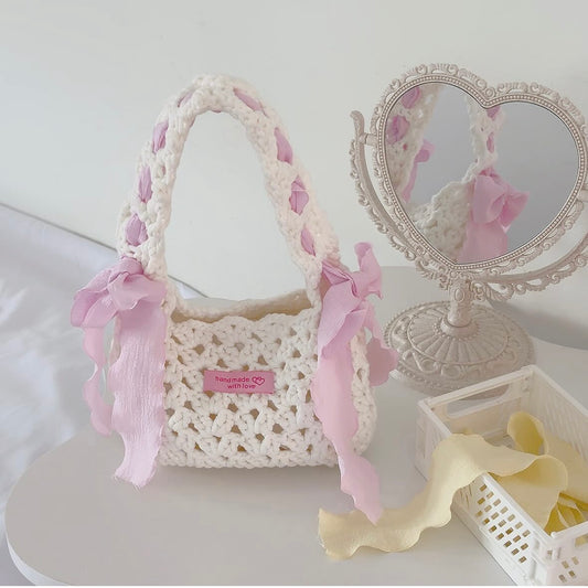 Crochet Handmade Coquette Ribbon Bag