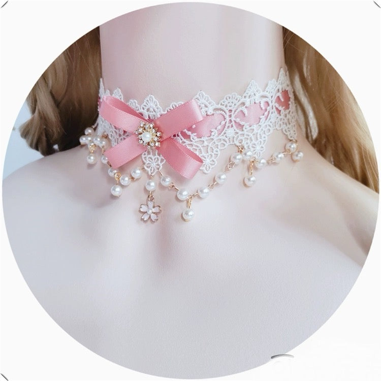 Cute Pink Lace Double Layered Sakura Drop Choker