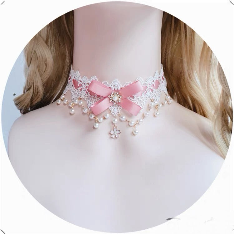 Cute Pink Lace Double Layered Sakura Drop Choker