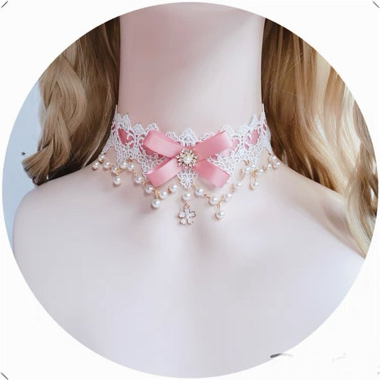 Cute Pink Lace Double Layered Sakura Drop Choker