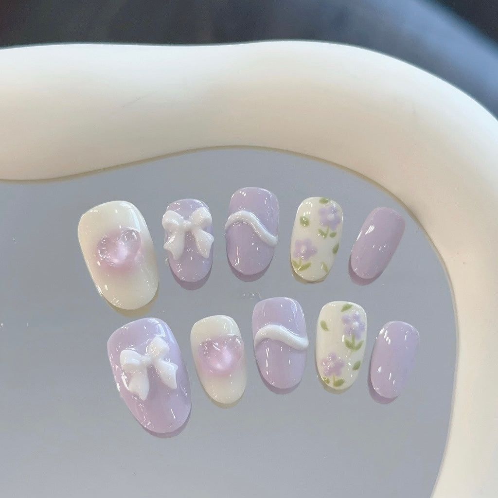 Daily Short Nails Sweet Purple Flower Handmade Press-on Nails
