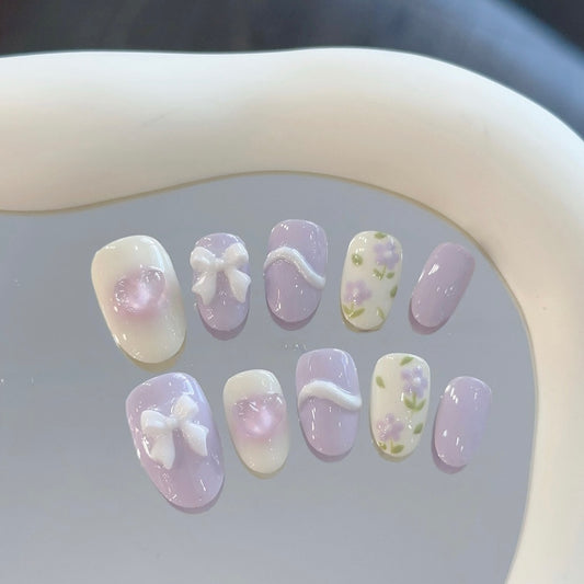 Daily Short Nails Sweet Purple Flower Handmade Press-on Nails