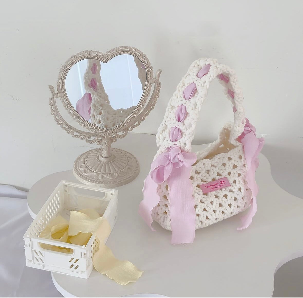 Crochet Handmade Coquette Ribbon Bag