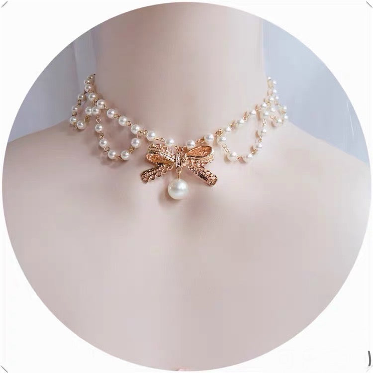 Handmade Fairy Double Layered Ribbon Pearl Drop Choker