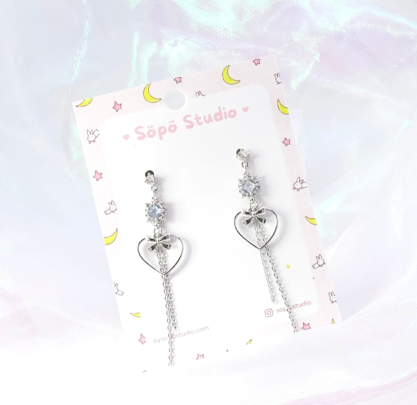 Cute Heart Ribbon Simple Chain Drop Korean Earrings - Silver Studs