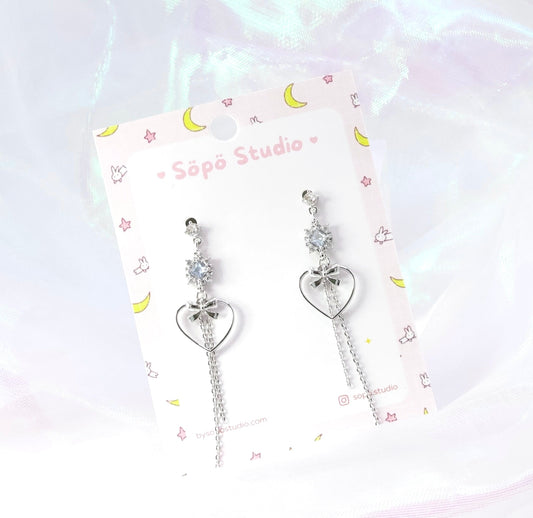 Cute Heart Ribbon Simple Chain Drop Korean Earrings - Silver Studs