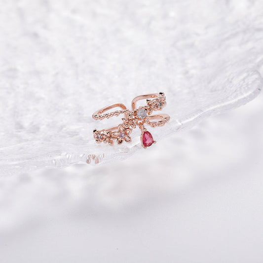 Crystal Drop Flower Layer Adjustable Ring - 2 colors