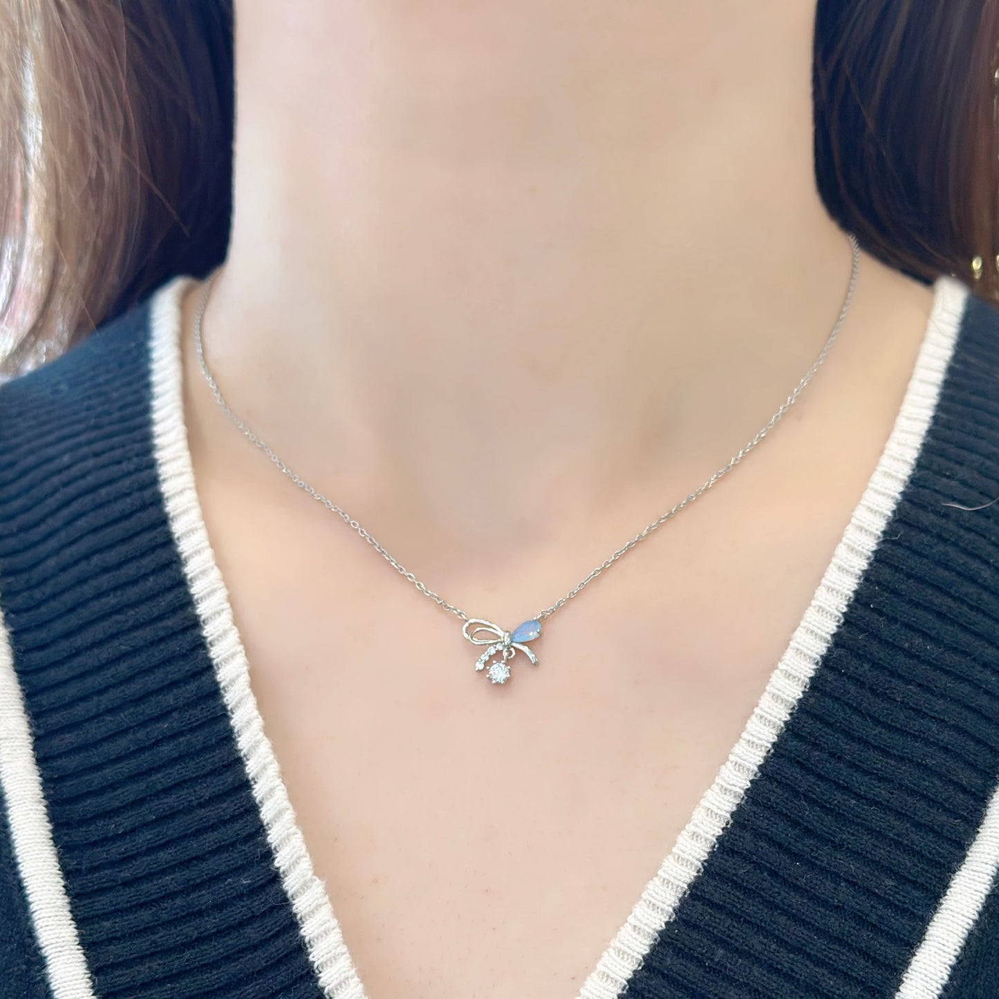 Korean Petit Cute Bow Crystal Drop Necklace