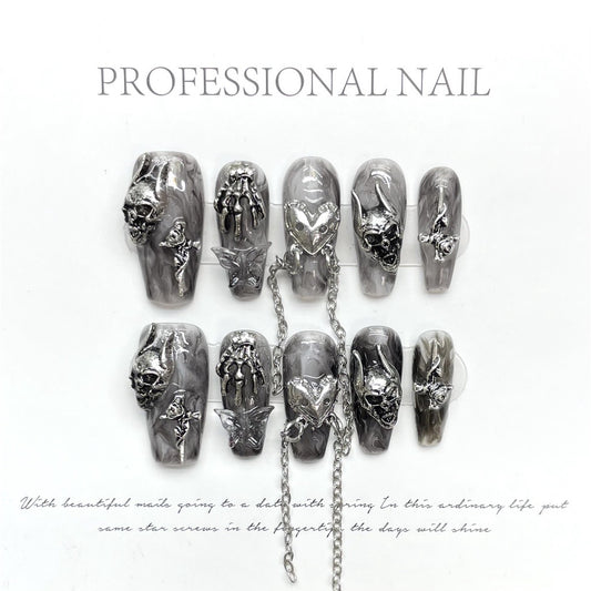 Gothic Metallic Skull Charm Handmade Press On Nails