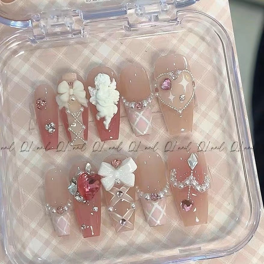 Pastel Gradient Angel Ribbon Heart Handmade Press-on Nails