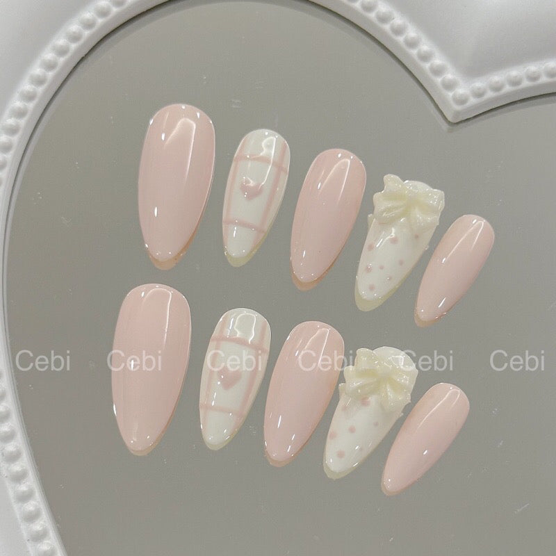 Pastel Pink Dotty Kawaii Heart Handmade Nails