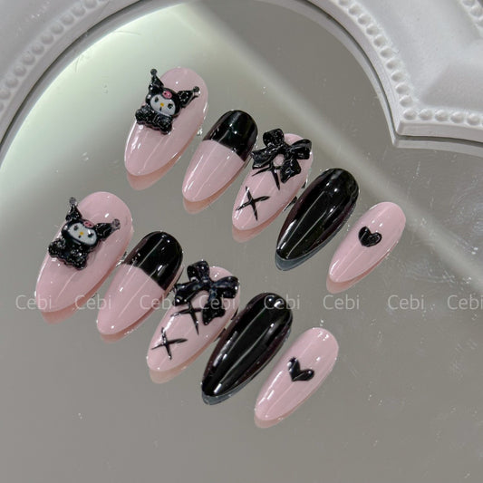 Kuromi Black Pink Heart Ribbon Handmade Nails