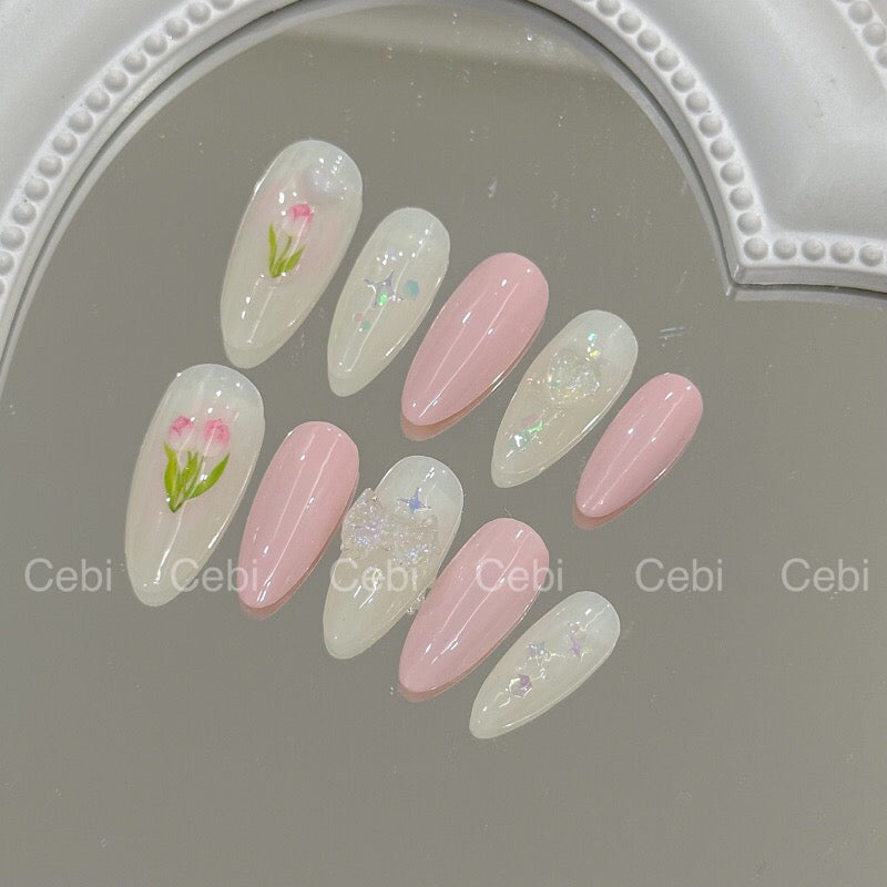Tulip Ribbon Pink Dainty Style Handmade Press On Nails