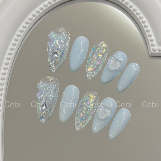 Dreamie Bubble Heart Crystal Blue Handmade Press On Nails