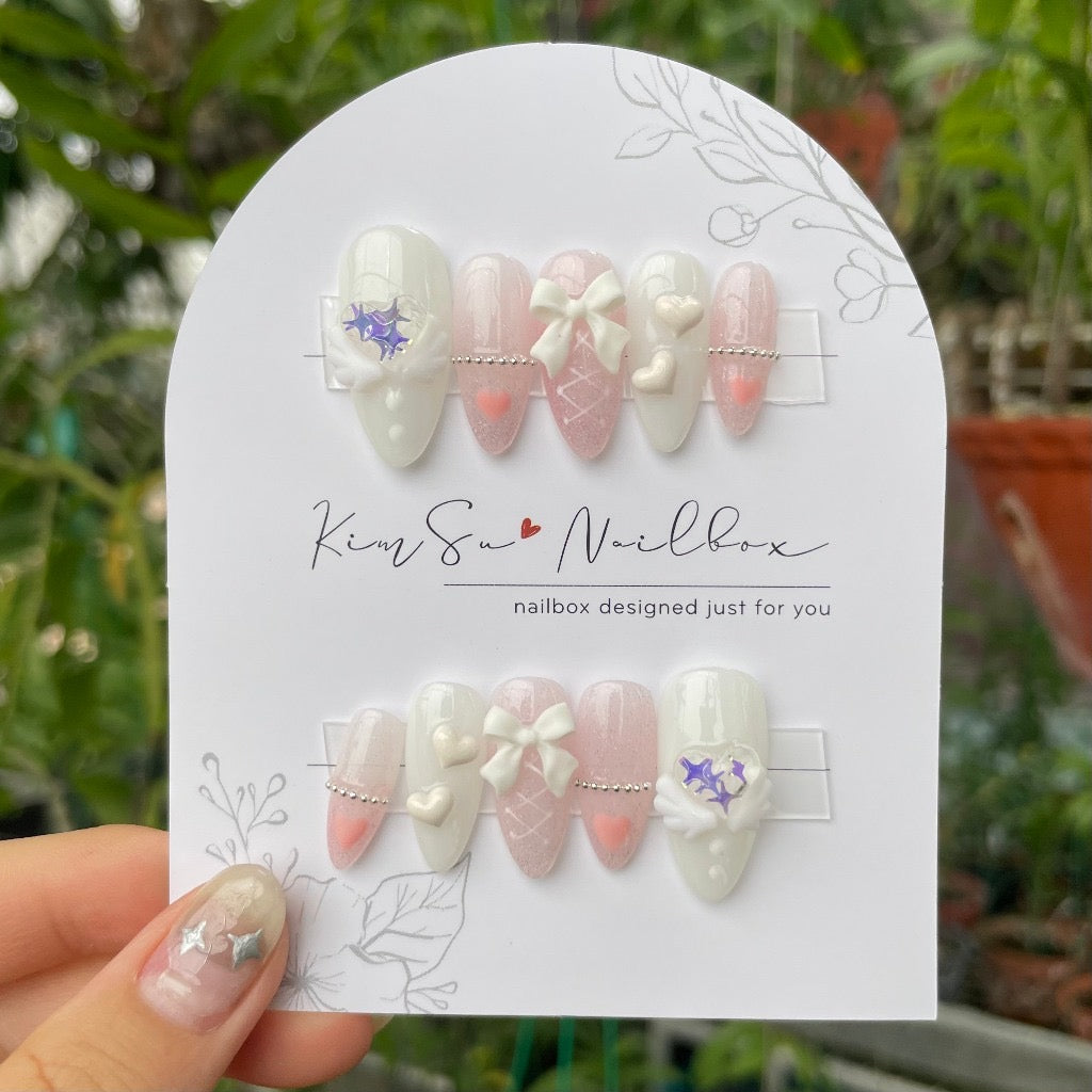 Korean Style Angel Heart Handmade Press On Nails