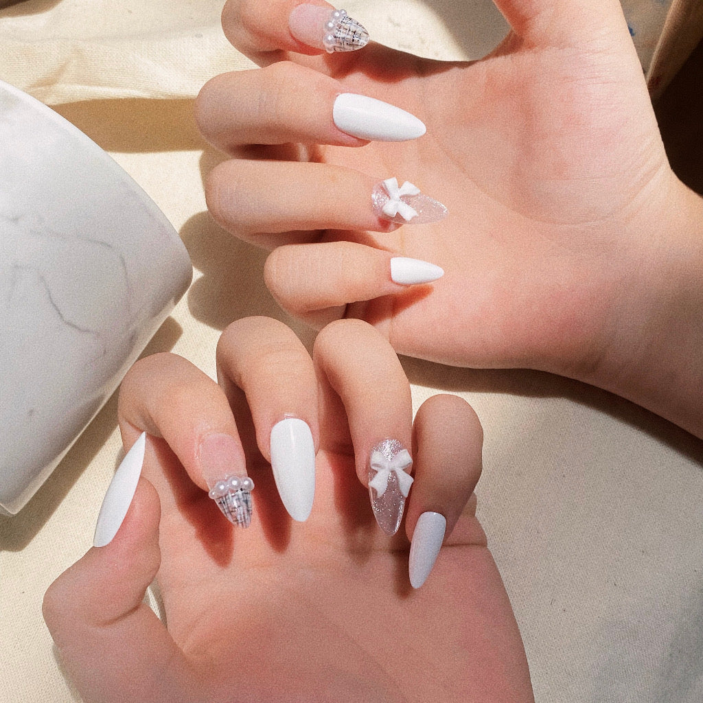 Korean Style White Pearl Ribbon Handmade Press On Nails