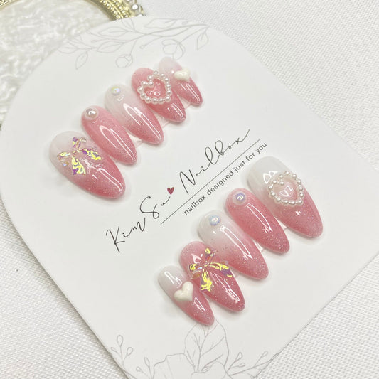 Korean Style Pastel Pink Ribbon Handmade Press On Nails
