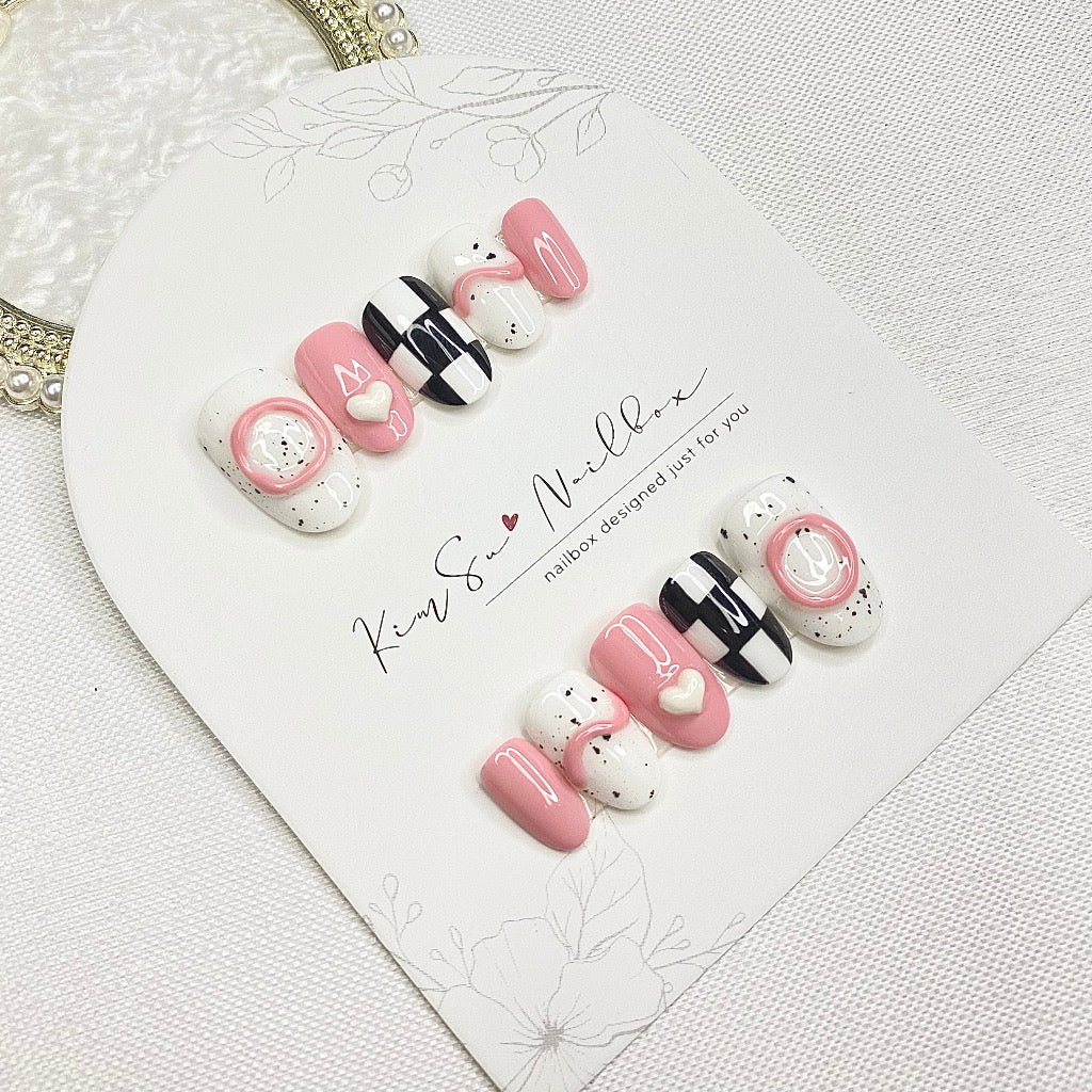 Korean Style Cute Checked Black Pink  Handmade Press On Nails