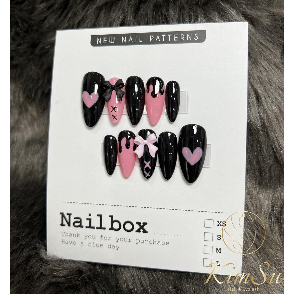 Black Pink Korean Style Sweet Ribbon Handmade Press On Nails