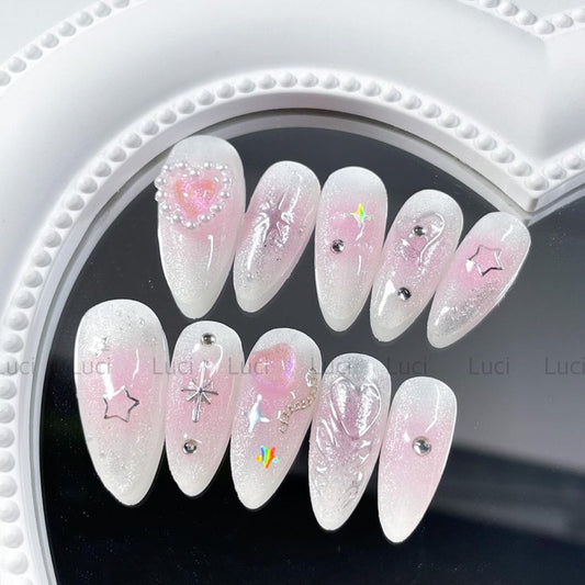 Y2K Ombre Sweet Pink Silver Star Handmade Press-on Nails