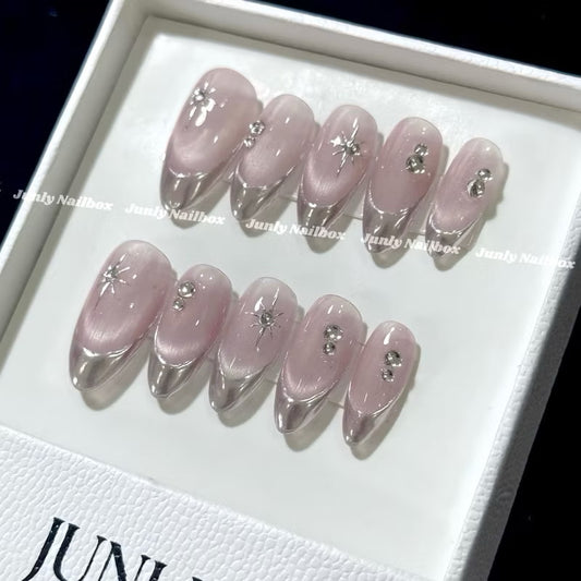 Handmade Metalic French Tip Moonlight Pink Pastel Minimalist Press-on Nails