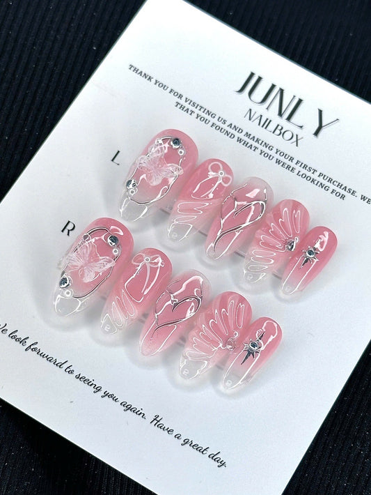 Handmade Y2K Cute Bubble Butterfly Charm Pink Ombre Effect Press-on Nails
