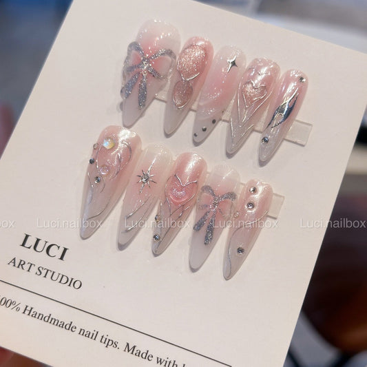 Handmade Y2K Ribbon Star Sweet Pink Ombre Metalic Effect Press-on Nails
