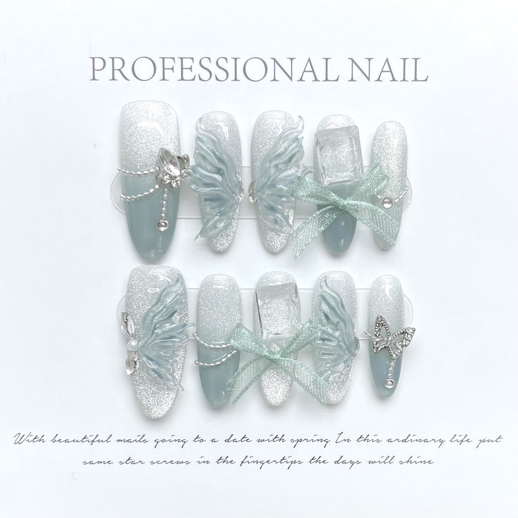 Jade Butterfly Ribbon Jelly Charm Handmade Press-on Nails