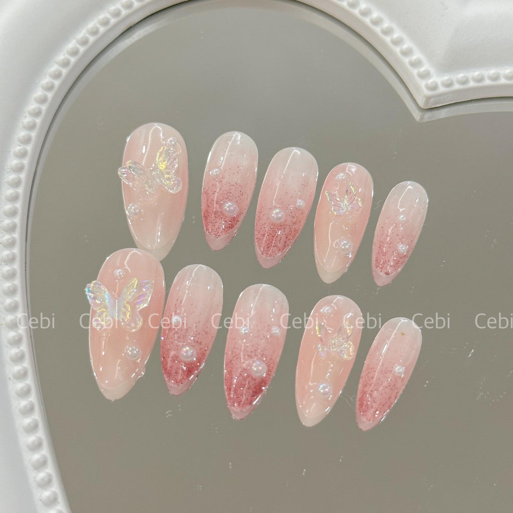 Gradient Pink Butterfly Pearl Handmade Press-on Nails