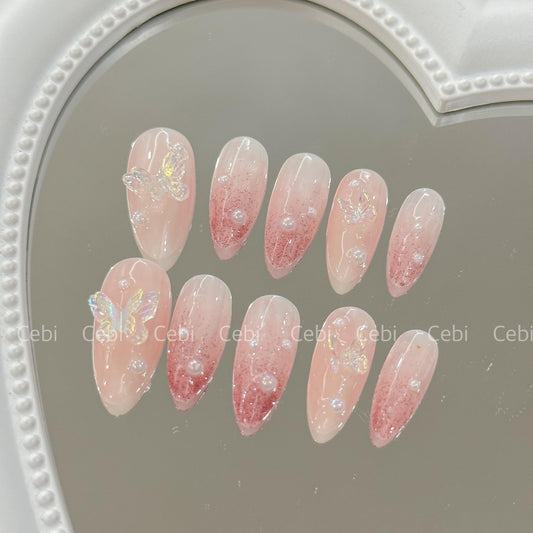 Gradient Pink Butterfly Pearl Handmade Press-on Nails