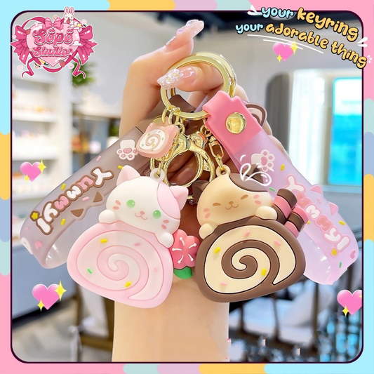 Cute Cat With Roll Cake Keychain - 2 colors