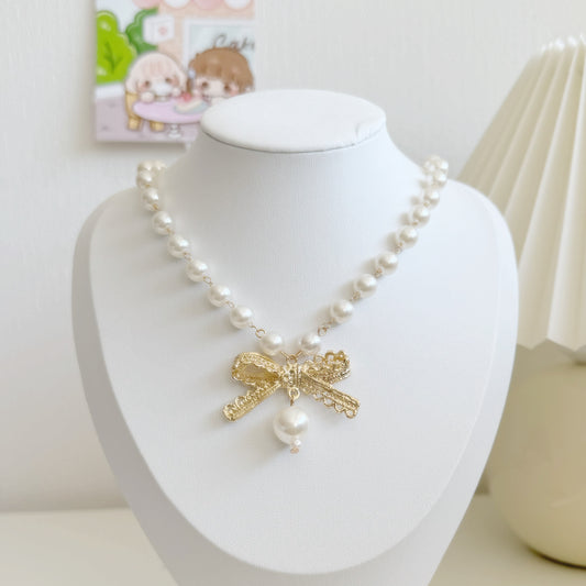 Coquette Ribbon Pearl Drop Vintage Necklace