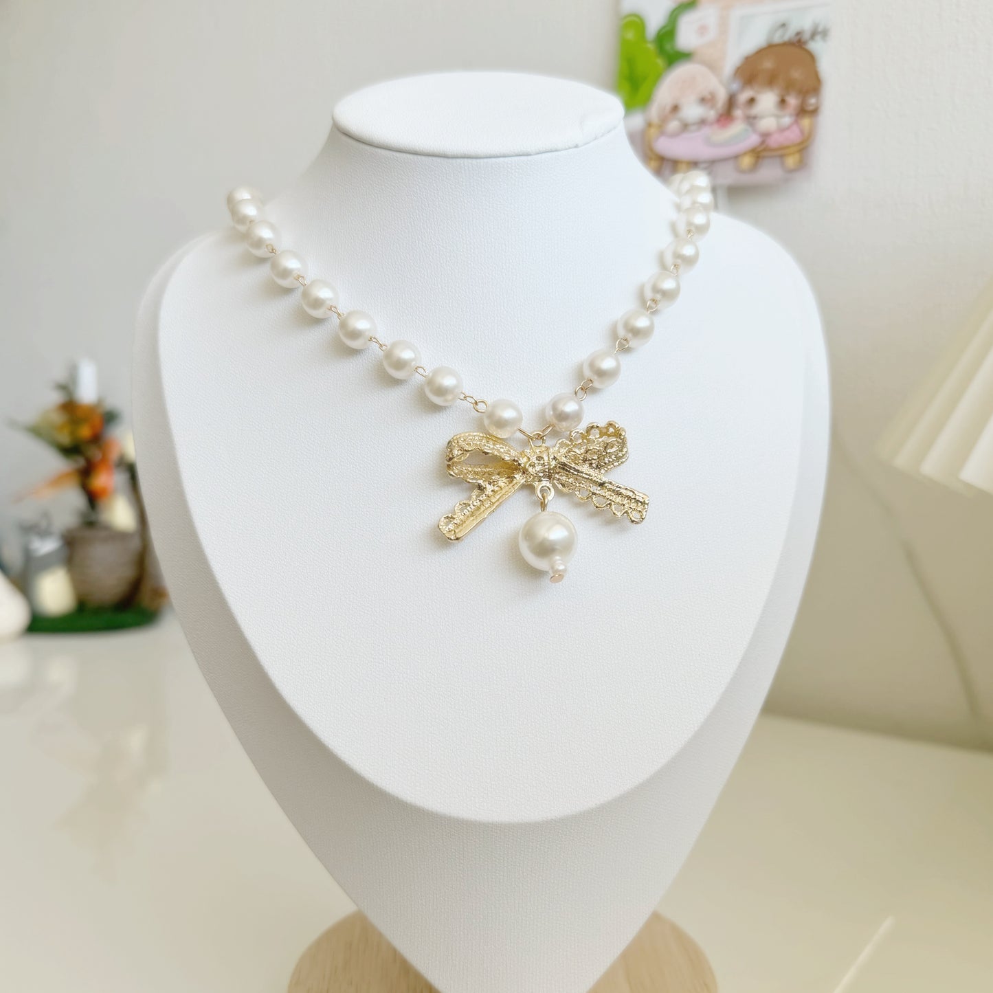 Coquette Ribbon Pearl Drop Vintage Necklace