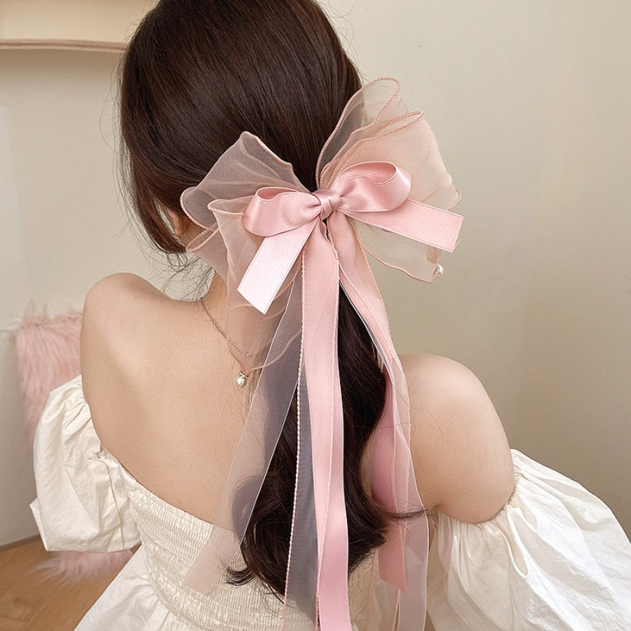 Pink Organza Layered Ribbon Coquette Hair Clip