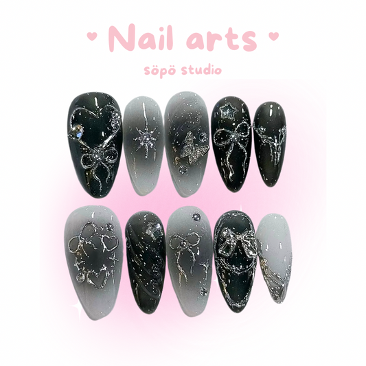 Metallic Coquette Heart Black Handmade Press-on Nails