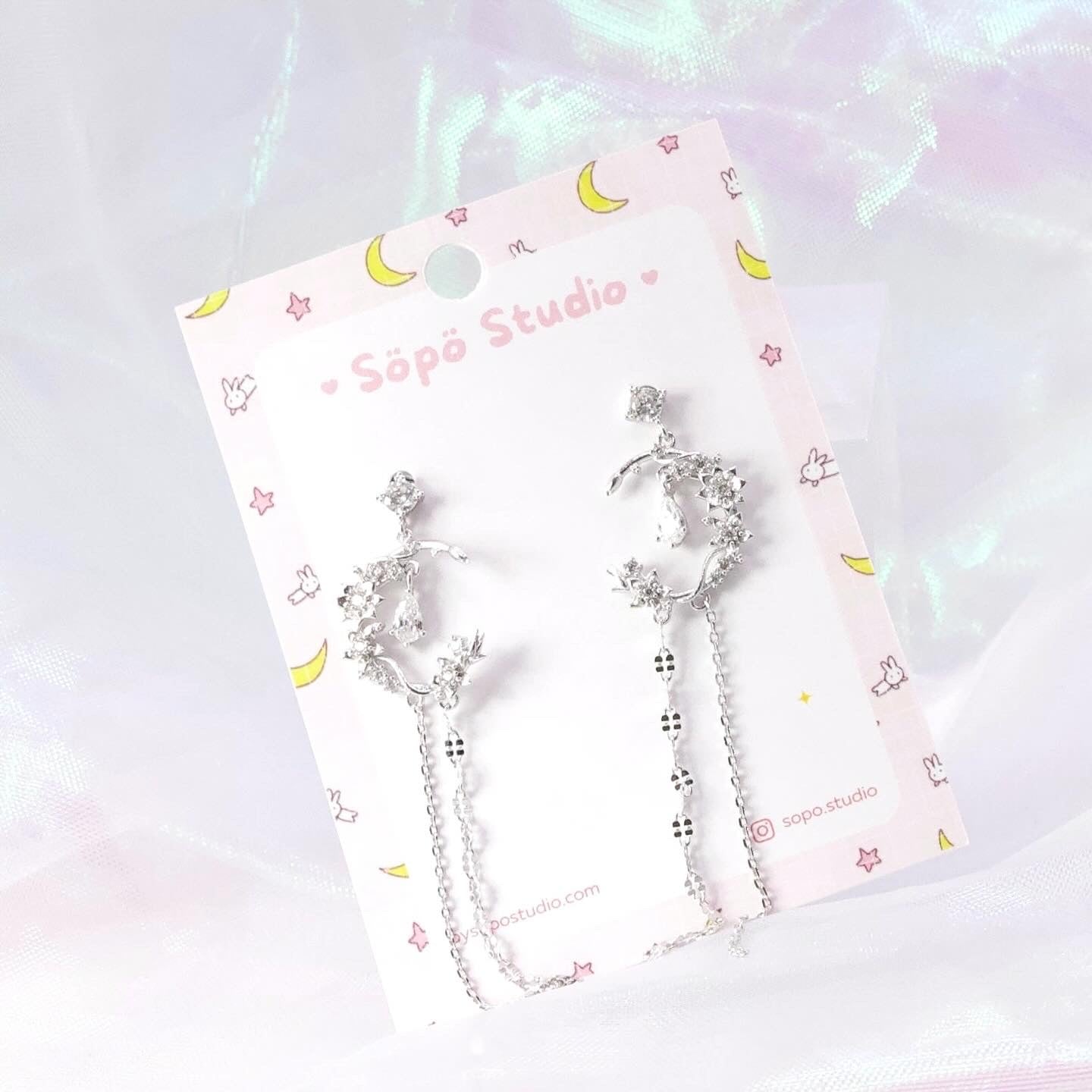 Crescent Moon Dangle Chain Drop Silver Post Earrings