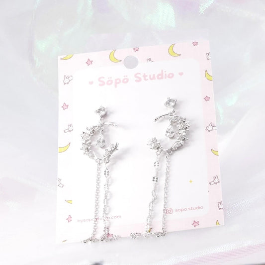 Crescent Moon Dangle Chain Drop Silver Post Earrings