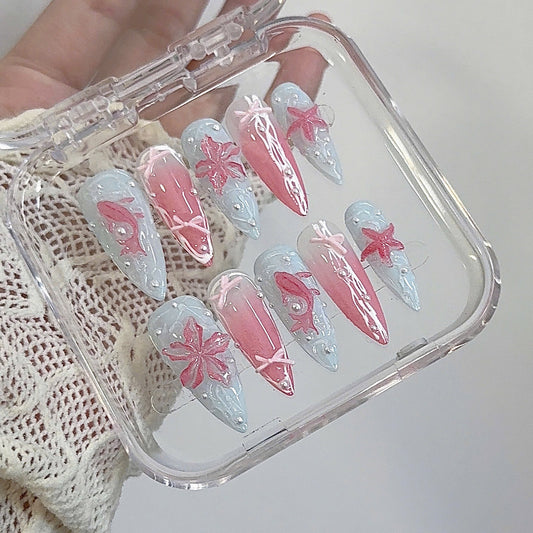 Handmade Y2K Koi Fish Blue Pink 3D Gel Oceanic Press-on Nails