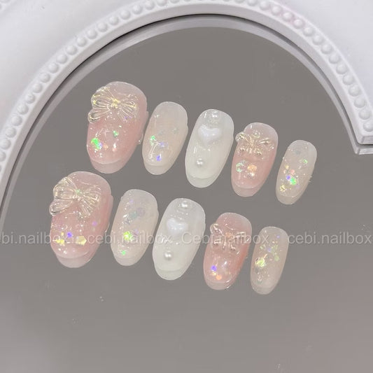 Daily Short Nails Sweet Ribbon Glitter Handmade Press-on Nails
