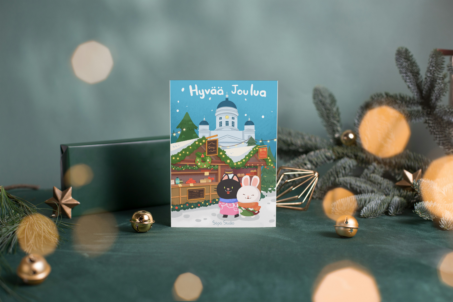 White Church Christmas Market Helsinki Cat and Bunny Christmas Card - Joulukortti