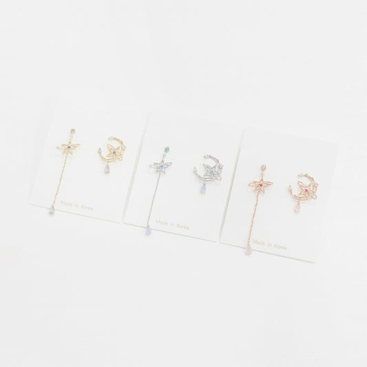 Mis-matched Moon Planet Chain Drop Dangle Earrings - 2 colors